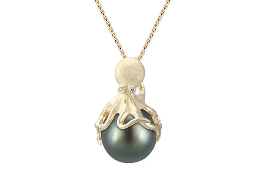 Gold Octopus Pendant With 11Mm Tahitian Pearl & Diamonds