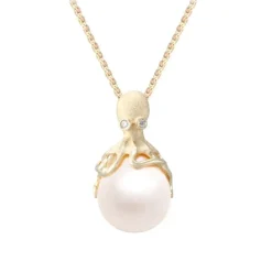 Gold Octopus Pendant With 12Mm White Fresh Water Pearl & Diamonds