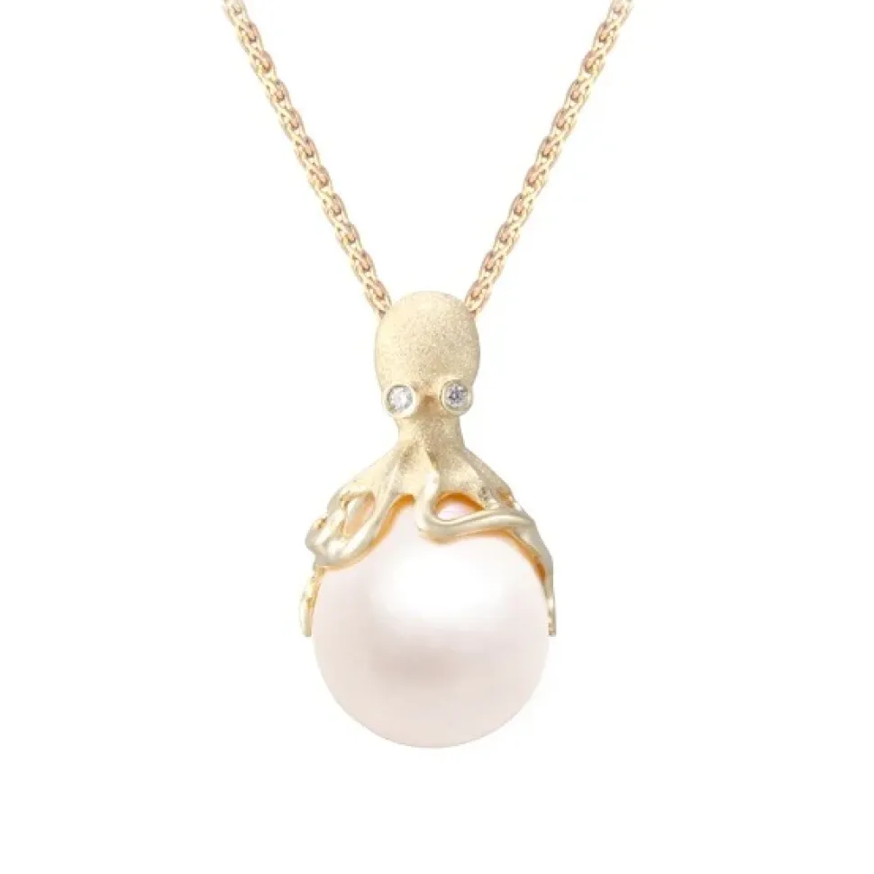 Gold Octopus Pendant With 12Mm White Fresh Water Pearl & Diamonds