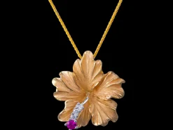14K Hibiscus Pendant With 3 Diamonds And Ruby