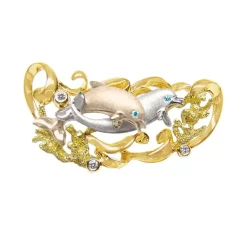 14K 20Mm "Flipping Couples" Dolphin Pendant With 2 Blue Diamonds