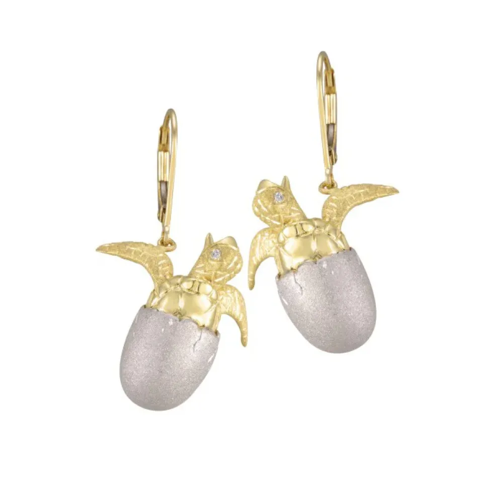14K 20Mm "Hatching" Sea Turtle Earring With 4 Diamonds