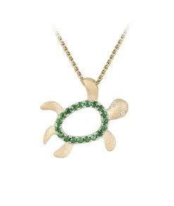 14K 15Mm "Hawaiian Petroglyph" Honu Pendant With 2 Diamonds And 19 Tsavorites