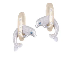 14K 15Mm "Jumping Loop" Dolphin Earrings With 6 Diamonds