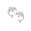 14K 15Mm "Jumping Single" Dolphin Stud Earrings With 2 Blue Diamonds