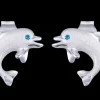14K 10Mm "Jumping Single" Dolphin Stud Earrings With 2 Blue Diamonds