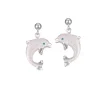 14K 15Mm "Jumping Single" Dolphin Ball Post Earrings With 2 Blue Diamonds
