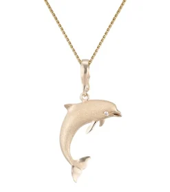 14K 28Mm "Jumping Single" Dolphin Pendant With 2 Diamonds