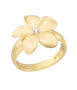 14K 18Mm Plumeria Ring With Diamond