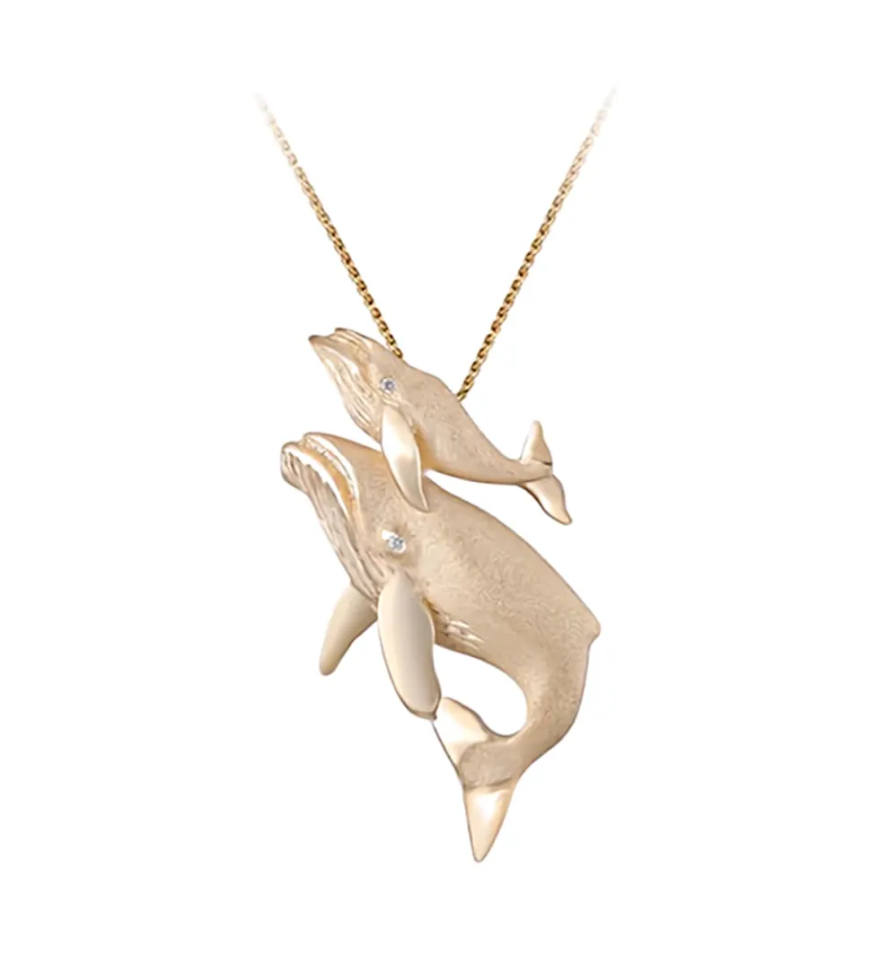 14K 36Mm Whale Pendant "First Breath" With 2 Diamonds
