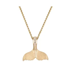 14K 21Mm Whale Saw Tail Pendant With 5 Diamonds