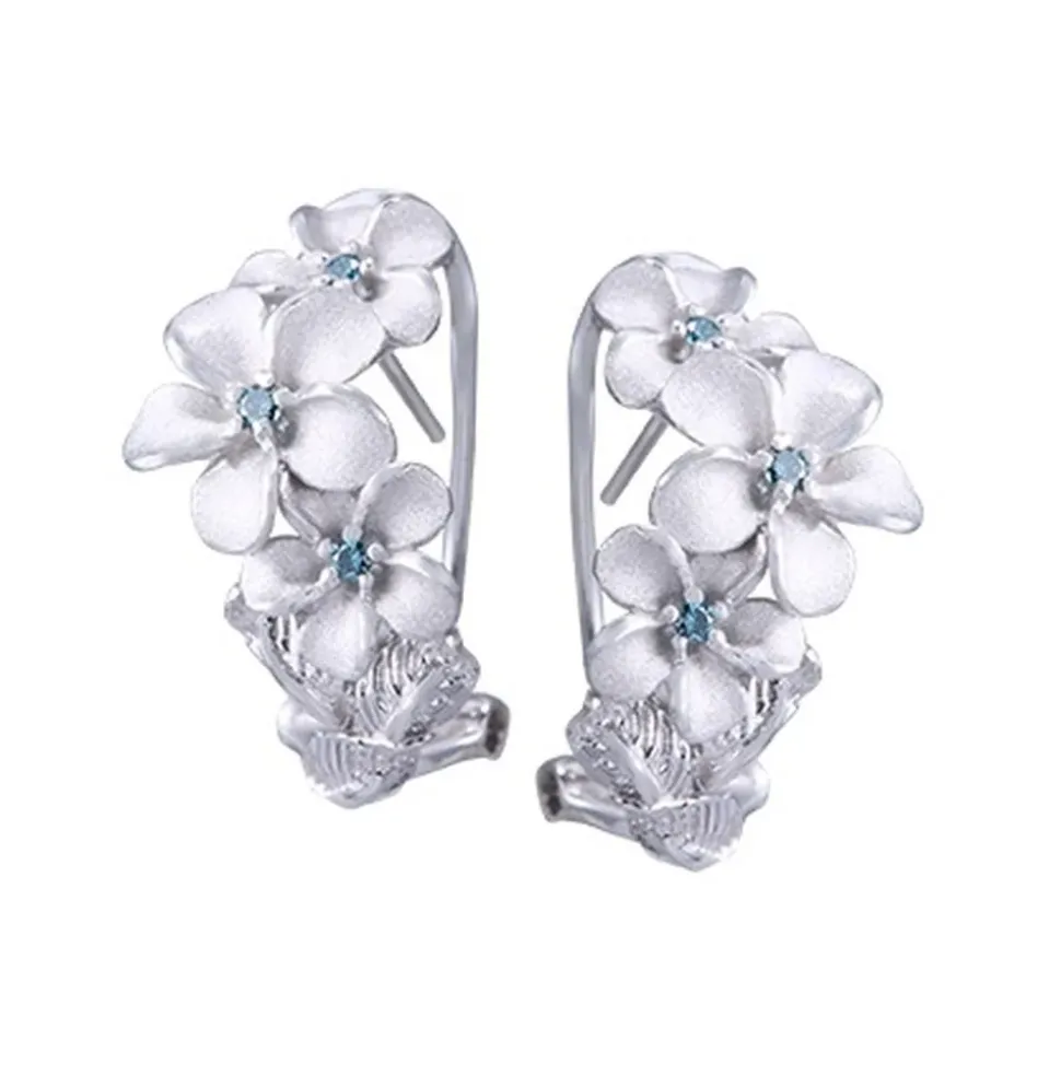 14K Plumeria Lei Earrings With 6 Blue Diamonds