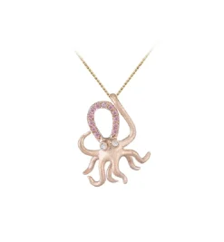 14K Rose Gold Octopus Pendant With 2 Diamonds And 12 Pastel Pink Sapphires