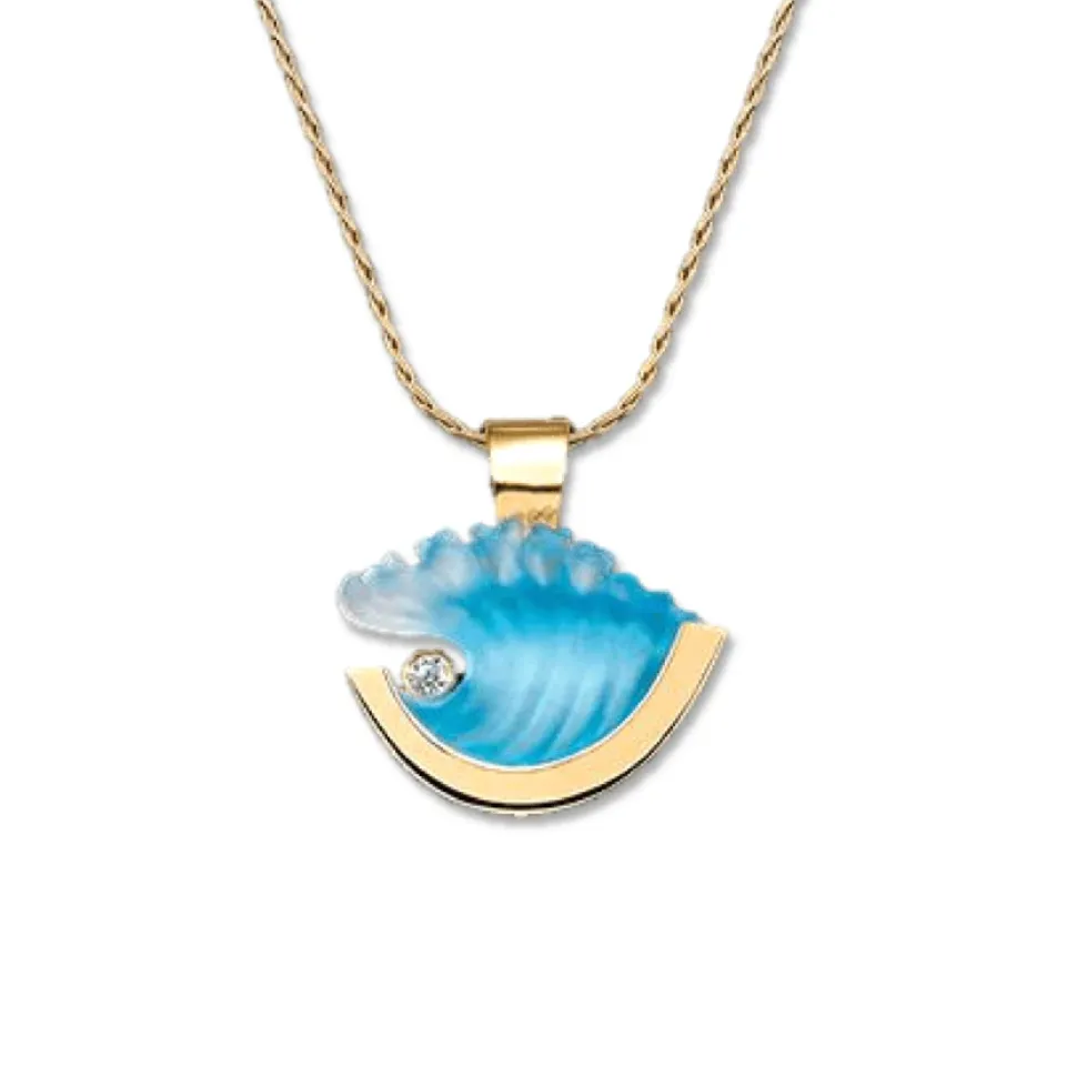 14K Small Yellow Gold Wave Pendant With Diamond