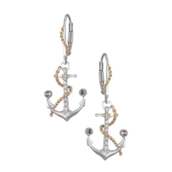14K 2/Tone "Anchor" Dangle Leverback Earrings With 18 Diamonds And 4 Tanzanites