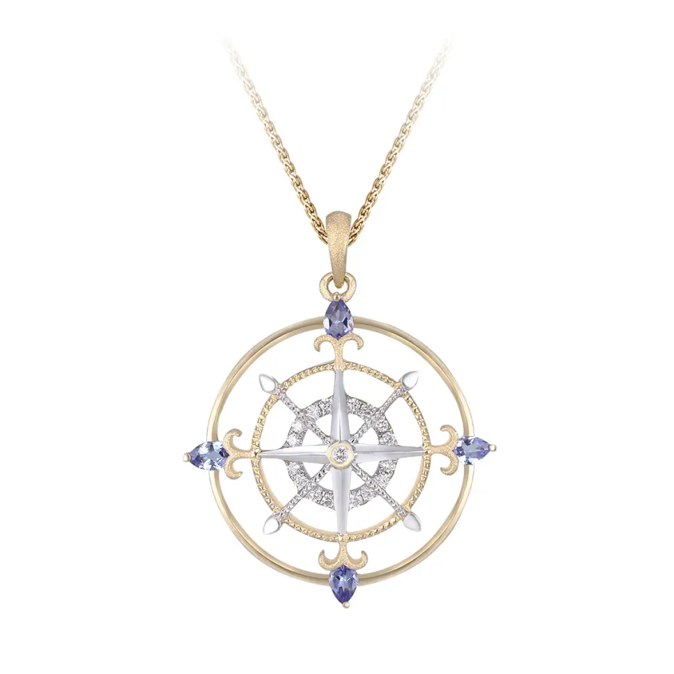 14K 2/Tone "Compass Rose" Pendant With 17 Diamonds And 4 Tanzanites