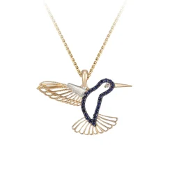 14K 2/Tone Hummingbird Pendant With Diamond And 27 Blue Sapphires With Black Rhodium