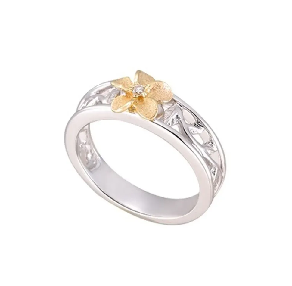 14K 2/Tone 8Mm "Hang 5" Plumeria Diamond Ring