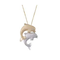 14K 2/Tone 15Mm "Jumping Couple" Dolphin Pendant With 2 Diamonds