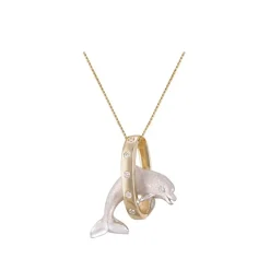 14K 2/Tone 20Mm "Jumping Loop" Dolphin Pendant With 6 Diamonds