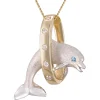 14K 2/Tone 20Mm "Jumping Loop" Dolphin Pendant With 5 Diamonds