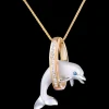 14K 2/Tone 20Mm "Jumping Loop" Dolphin Pendant With 10 Diamonds
