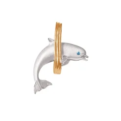 14K 2/Tone 28Mm "Jumping Loop" Dolphin Pendant With 2 Blue Diamonds