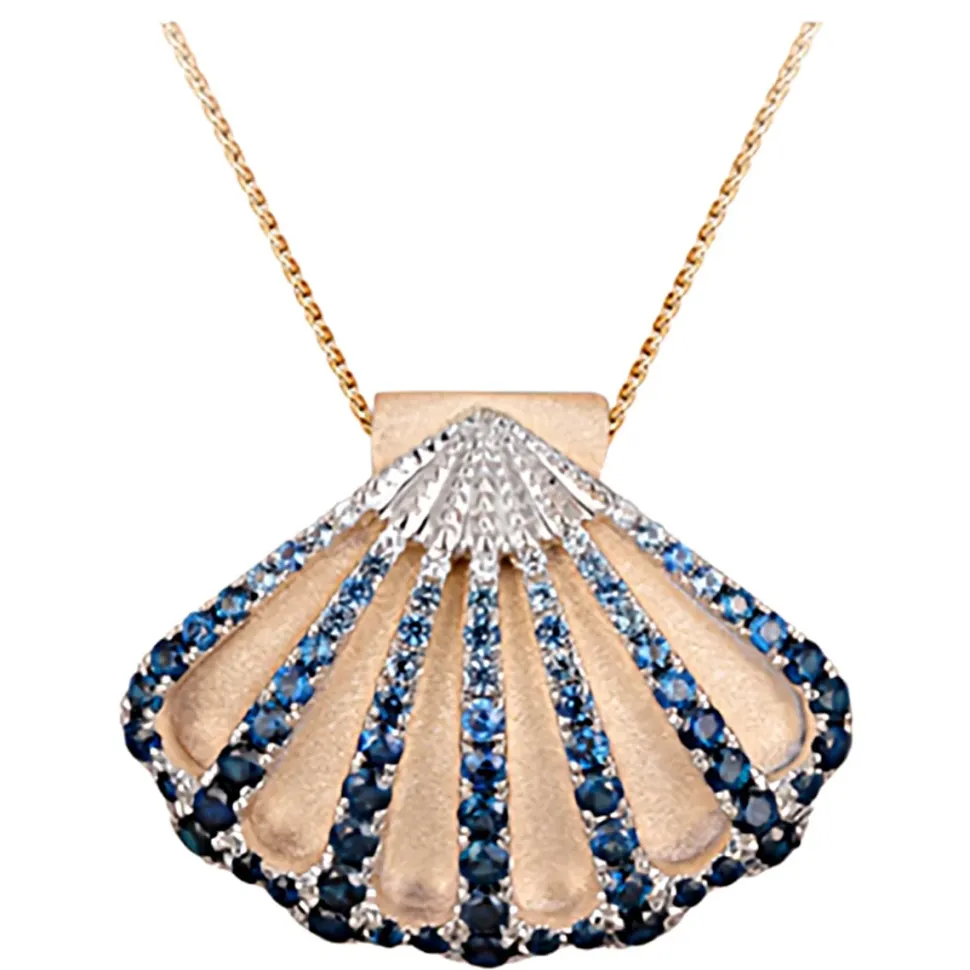 14K 2/Tone 30Mm Shell Pendant With 7 White Sapphires And 74 Blue Sapphires