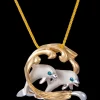 14K 2/Tone 25Mm Surfing Dolphin Pendant With 2 Blue Diamonds