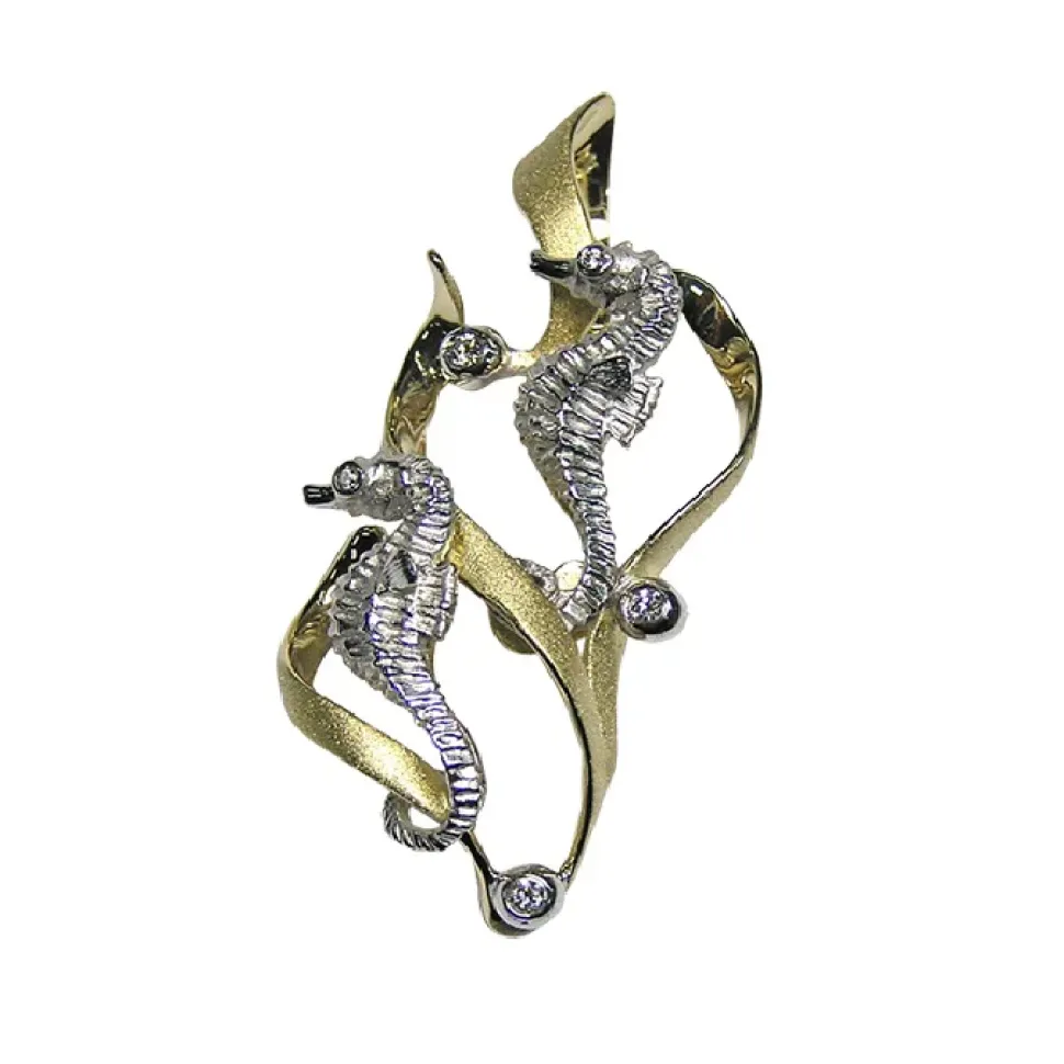 14K 2/Tone Sea Horse Pendant With 5 Diamonds