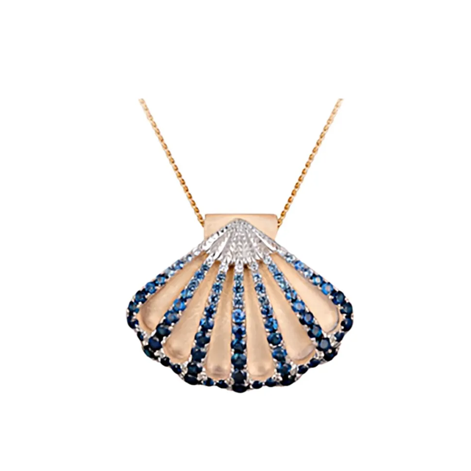 14K 2/Tone Shell Pendant With 7 White Sapphires And 57 Blue Sapphires