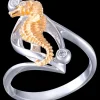 14K 2/Tone Single Sea Horse Ring With 3 Diamonds