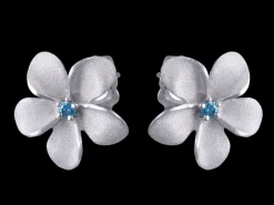 14K White Gold 13Mm Plumeria Earring With Blue Diamond