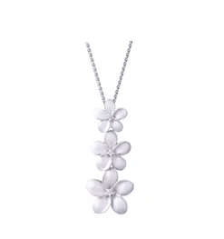 14K White Gold Plumeria Lei Slide Pendant With 3 Diamonds