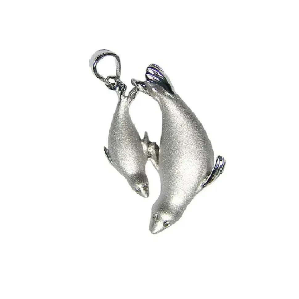 14K White Rhodium Mother And Baby Seal Pendant With 4 Diamonds