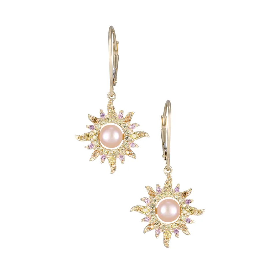 14Ky "Sunburst" Leverback Earrings With 74 Colored Sapphires And 2 Peach Fresh Water Pearls