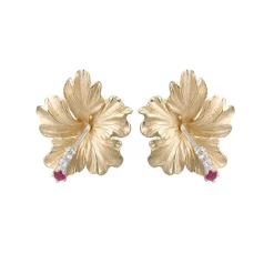 20Mm 14K Hibiscus Earring With 6 Diamonds And 2 Rubies