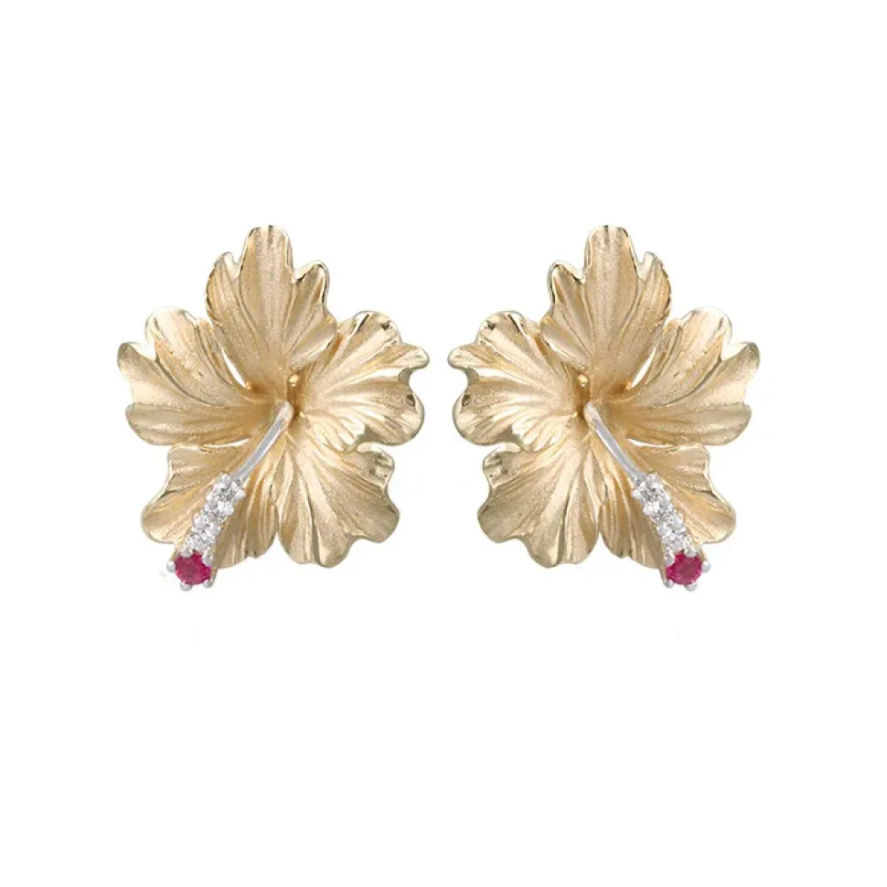 20Mm 14K Hibiscus Earring With 6 Diamonds And 2 Rubies