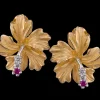 13Mm 14K Hibiscus Earrings With 4 Diamonds And 2 Rubies