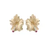 15Mm 14K Hibiscus Earrings With 4 Diamonds And 2 Rubies