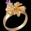 15Mm 14K Hibiscus Ring With 2 Diamonds And Ruby