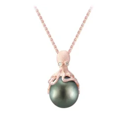 Rose Gold Octopus Pendant With 13Mm Tahitian Pearl & Diamonds