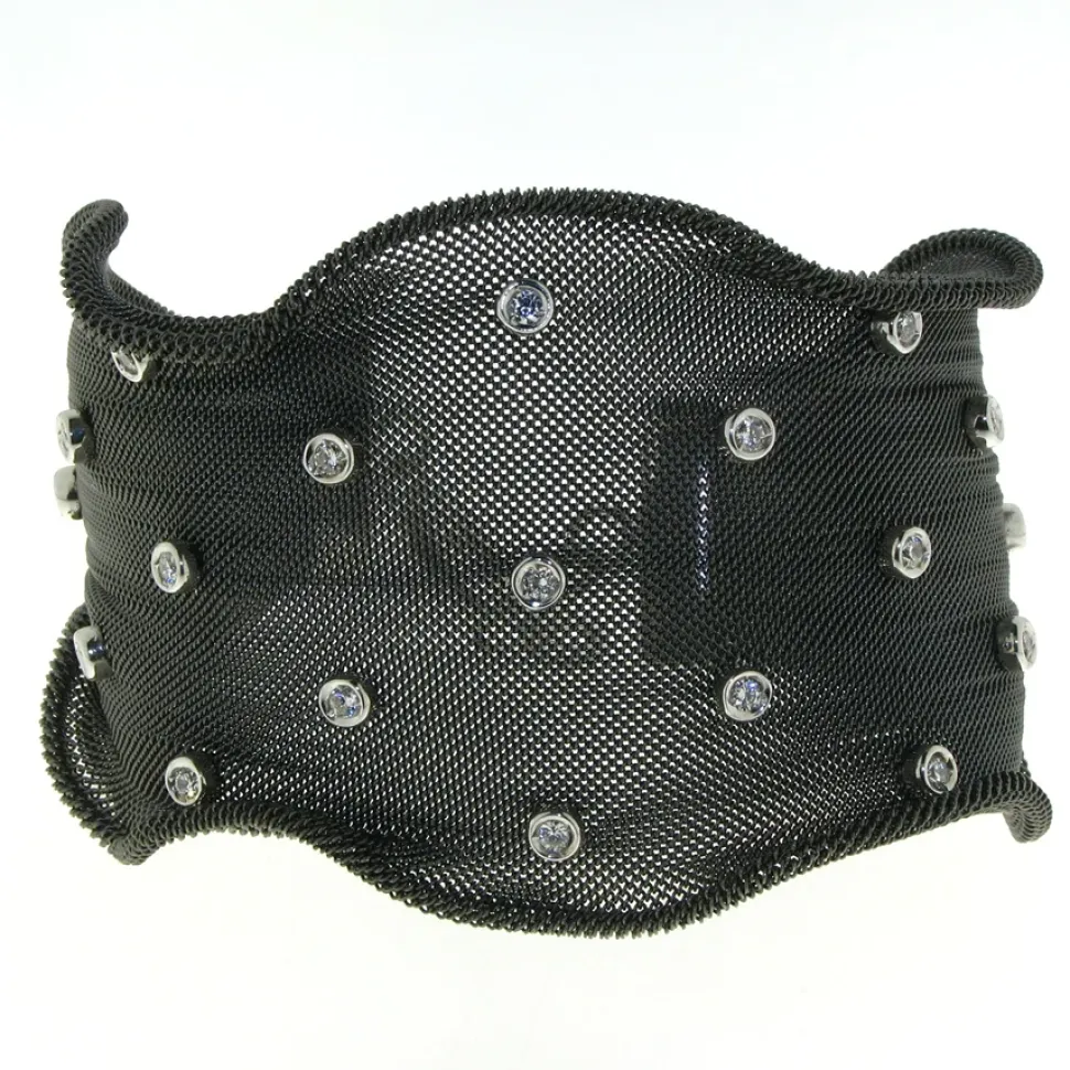 Sterling Silver Bezeled Cz Black Wave Mesh Bangle